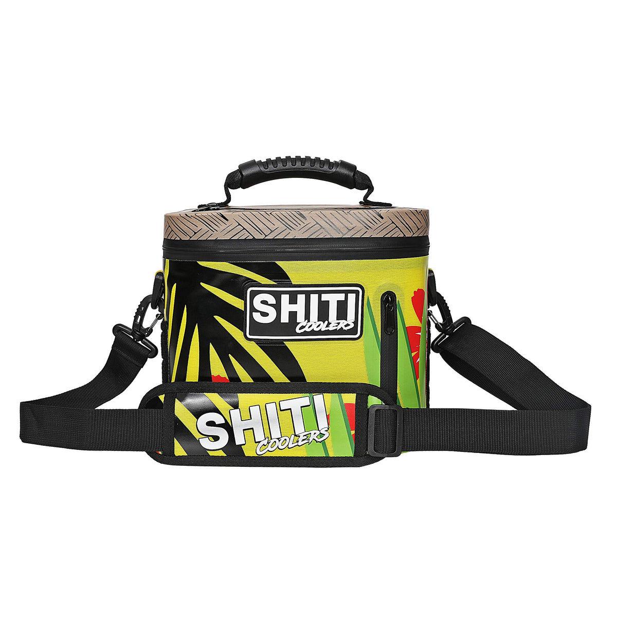 Vibrant yellow soft cooler with tropical design, holds 6 cans, featuring a sturdy handle and adjustable strap.