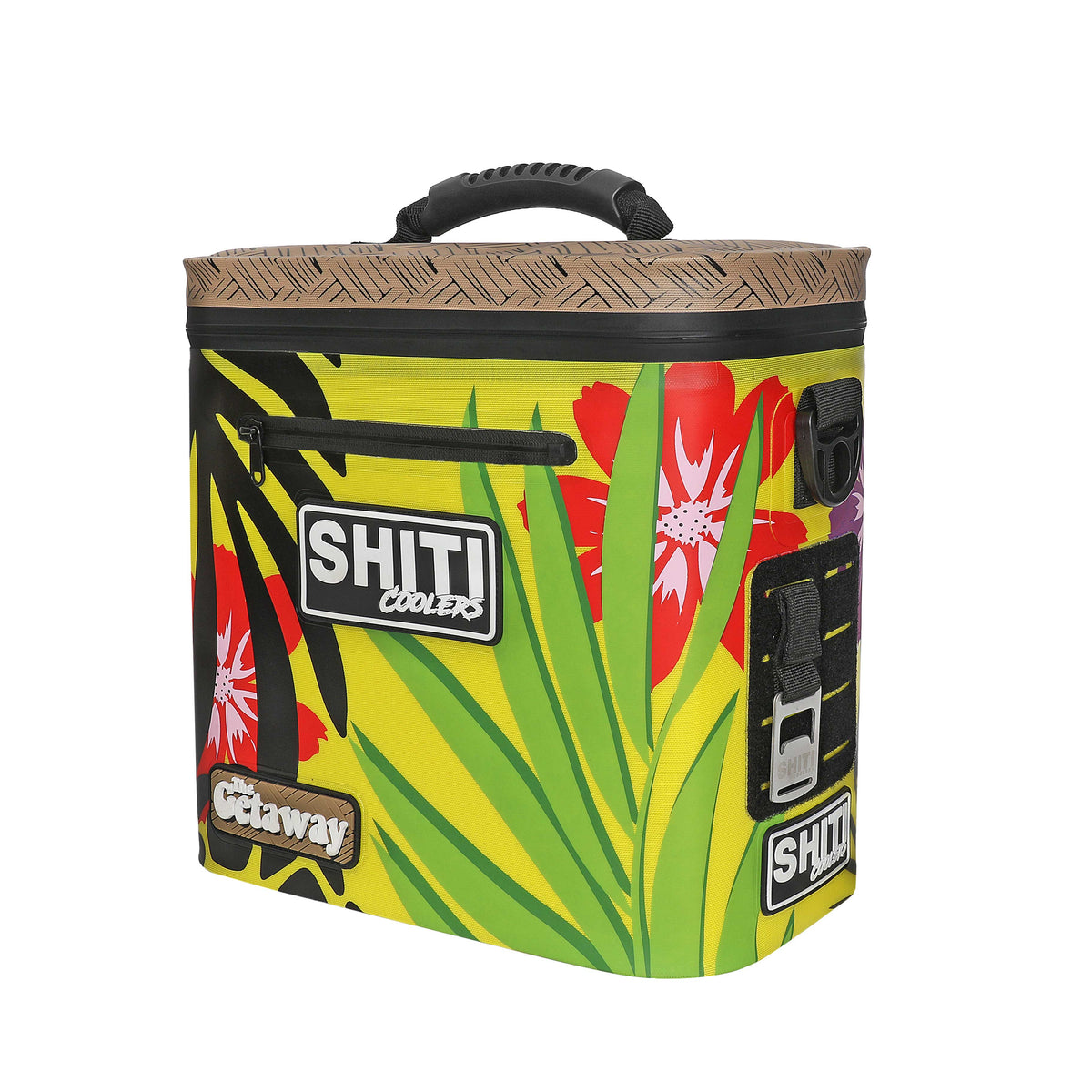 Vibrant Getaway Soft Cooler with floral design, holds 12 cans, featuring a sturdy handle and multiple pockets for storage.