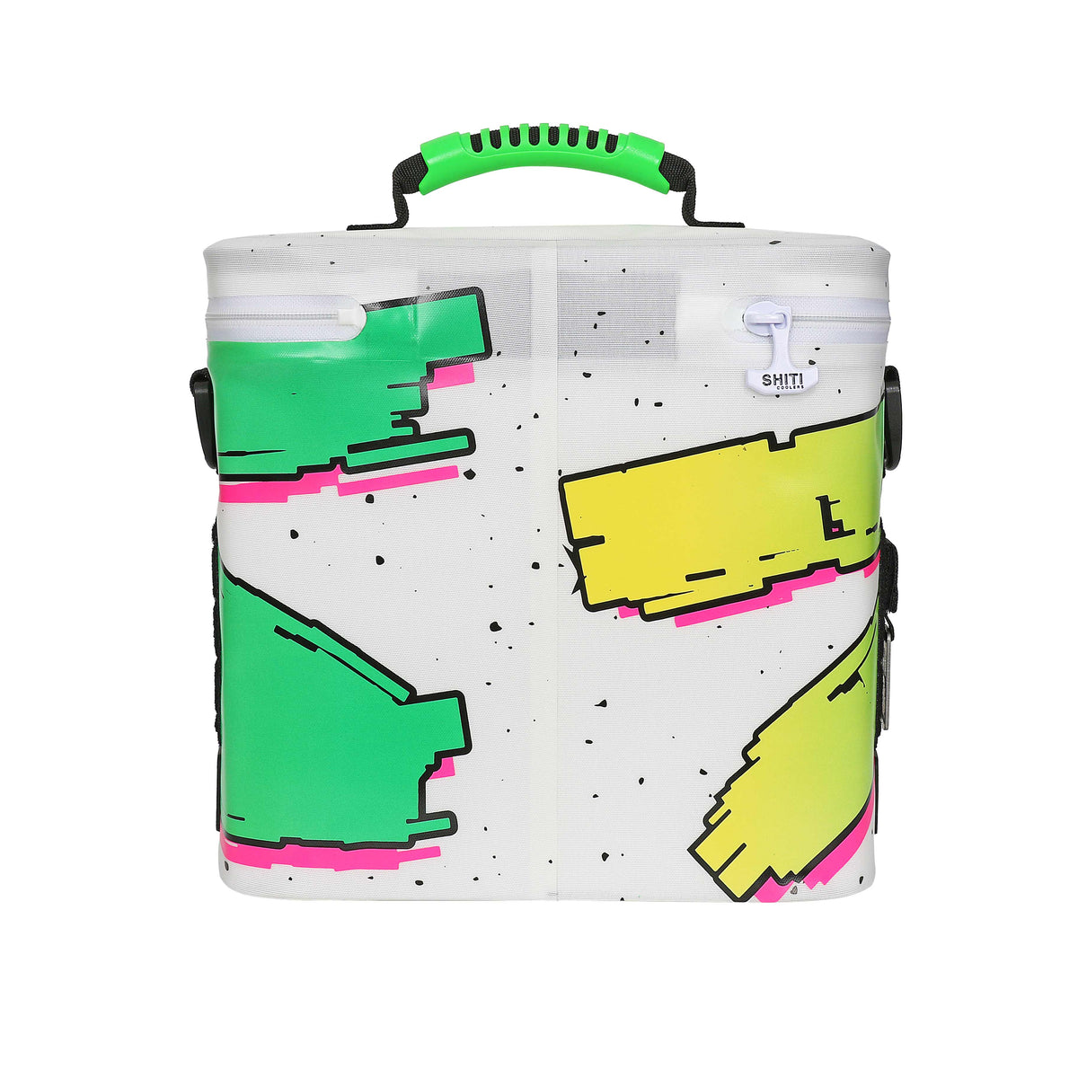 Boozer Soft Cooler with a vibrant design, holds 12 cans, featuring a white background with colorful geometric patterns.