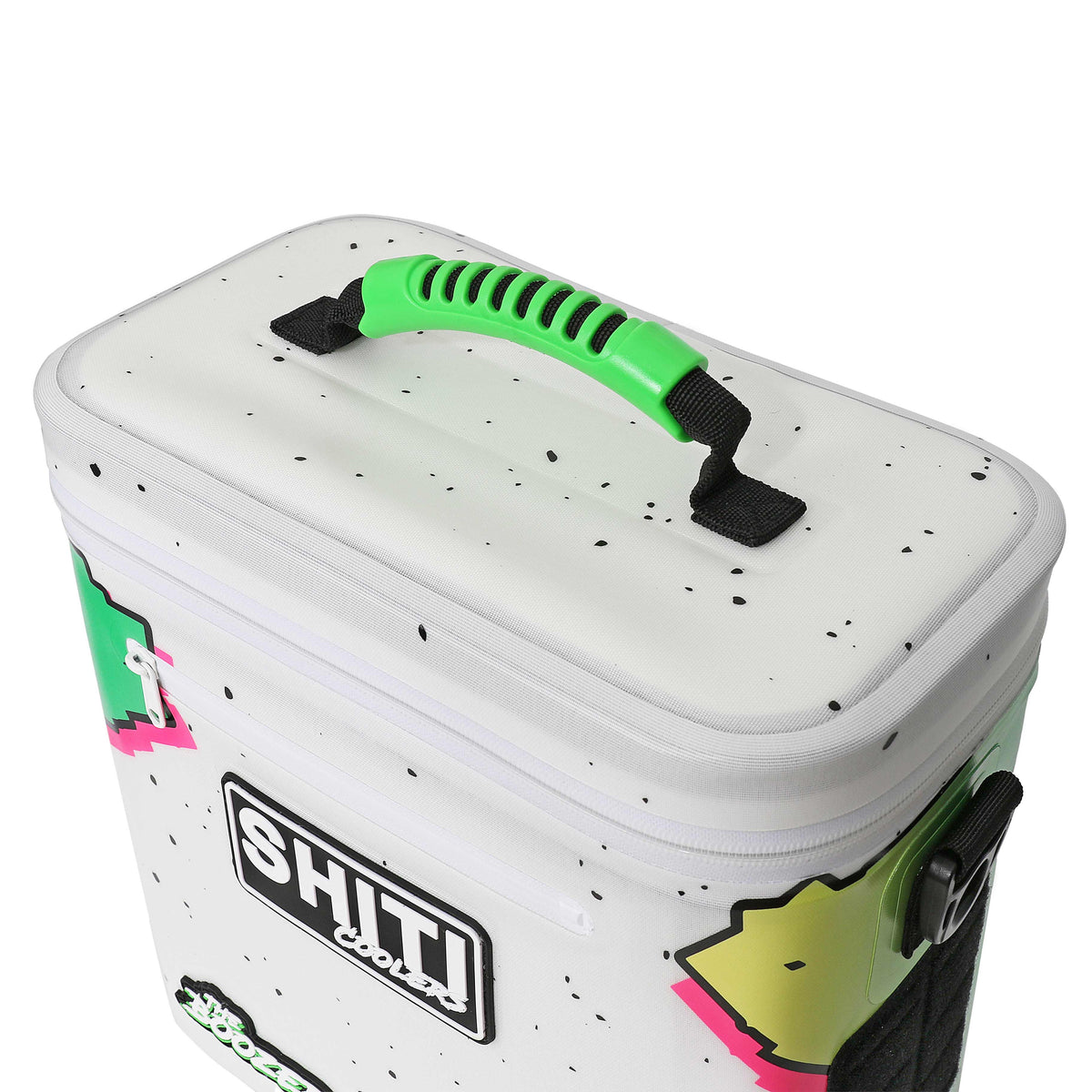 Boozer Soft Cooler with a speckled white design, featuring a green handle and SHITI Coolers logo on the front.