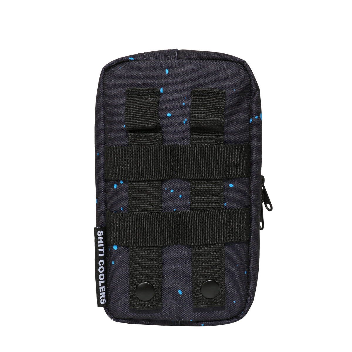 Compact DUDE Wipe attachment with a navy blue design and adjustable straps for easy attachment to coolers or bags.