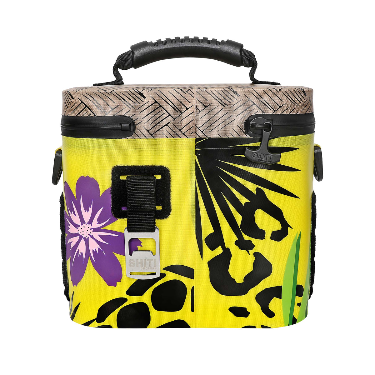 Bright yellow soft cooler with tropical floral and animal print design, featuring a sturdy handle and zipper closures.