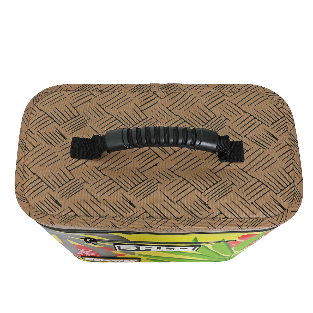 Top view of the Getaway Soft Cooler featuring a textured handle and vibrant design, holding up to 12 cans.