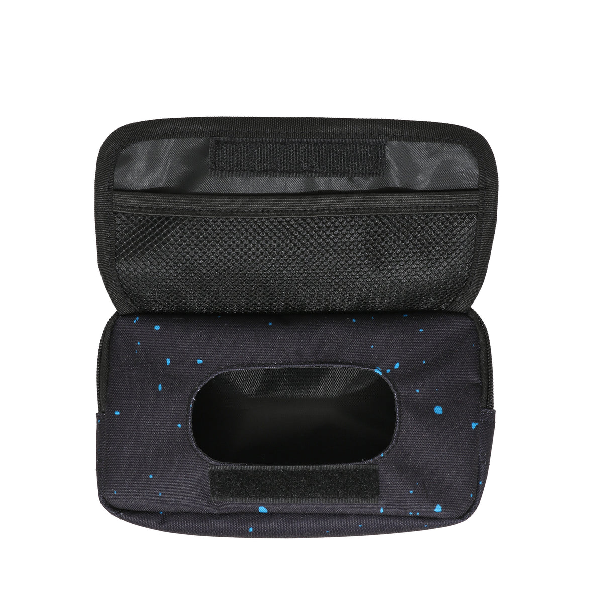 Open DUDE Wipe attachment bag with a black exterior featuring blue speckles, designed for easy access to wipes.