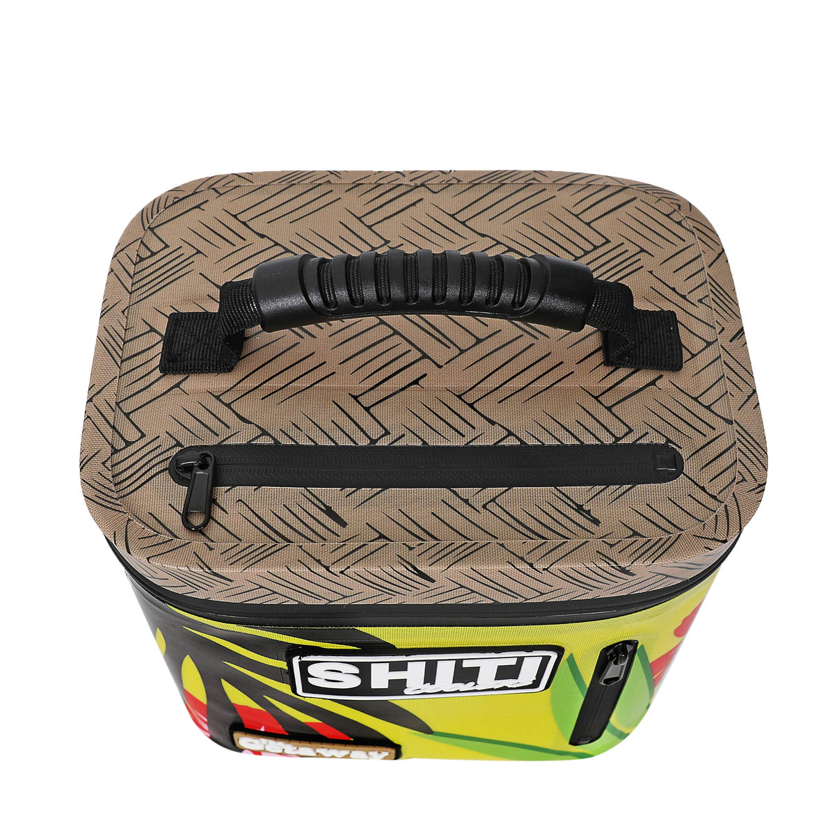 Top view of the SHITI Getaway Soft Cooler featuring a textured lid, sturdy handle, and vibrant design for six cans.