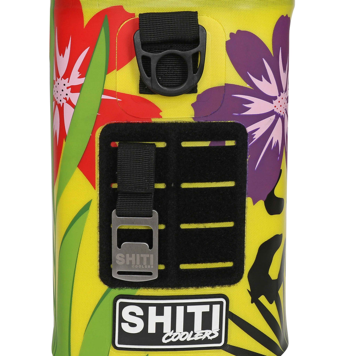 Vibrant yellow soft cooler featuring floral designs, adjustable straps, and a secure buckle for easy transport.