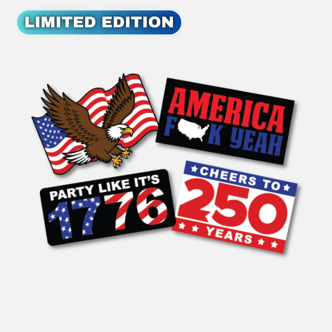 Limited edition Velcro patch pack featuring patriotic designs: eagle with flag, "America F**k Yeah," and "Cheers to 250 Years.