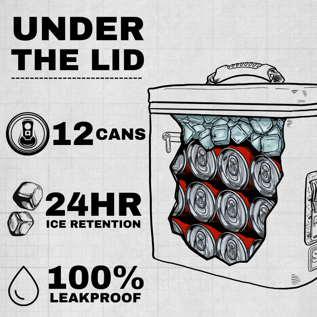 Illustration of Boozer Soft Cooler showing 12 can capacity, 24-hour ice retention, and 100% leakproof design.