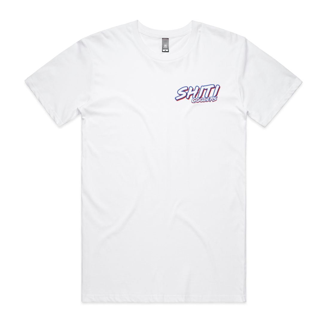 White t-shirt featuring the "SHITI Coolers" logo in colorful lettering on the left chest area.