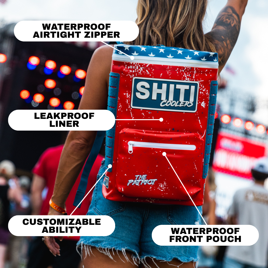 Red Patriot Backpack Cooler with customizable design, waterproof zipper, and leakproof liner, ideal for outdoor events.