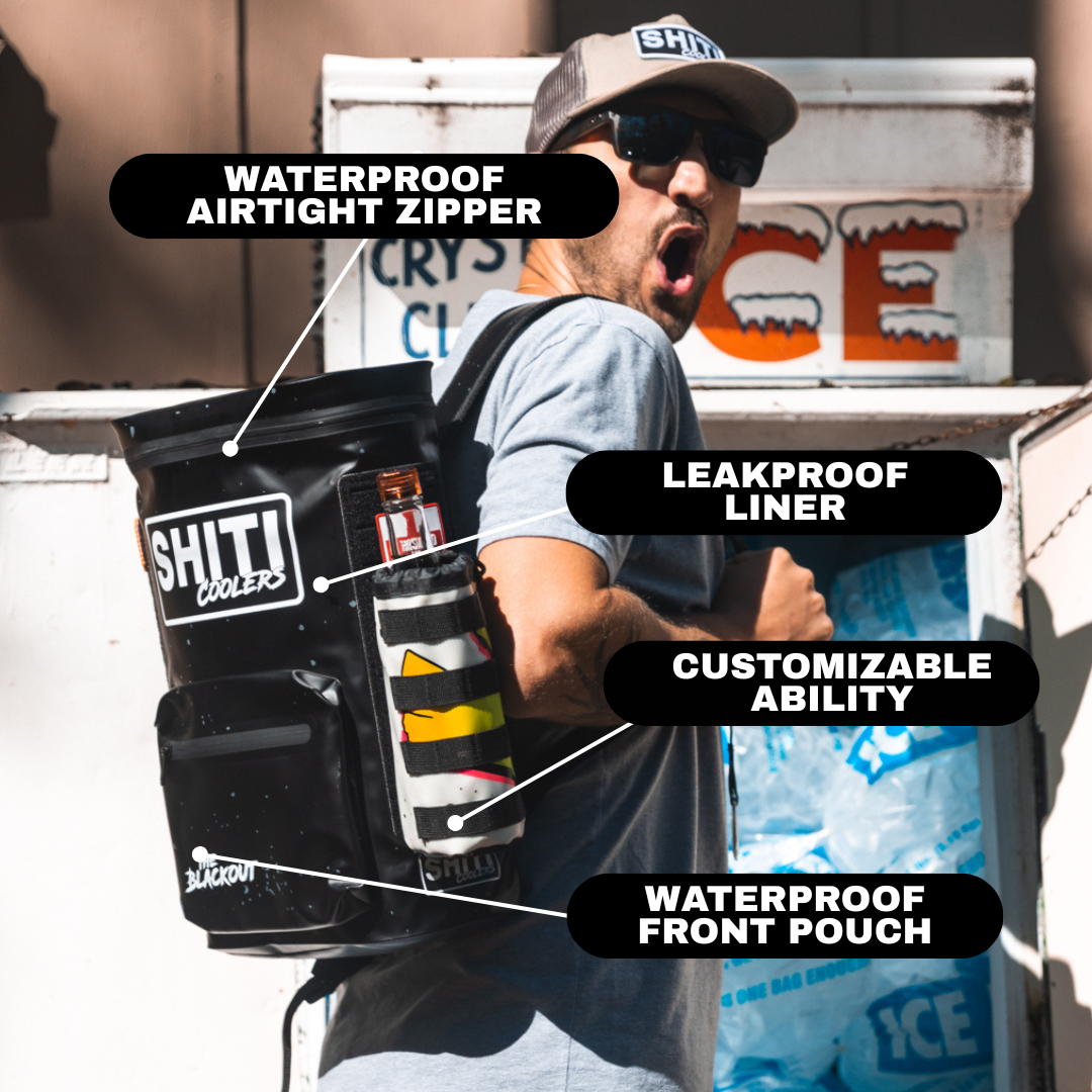 Blackout Backpack Cooler designed for 15 cans, featuring waterproof zipper, leakproof liner, and customizable front pouch.