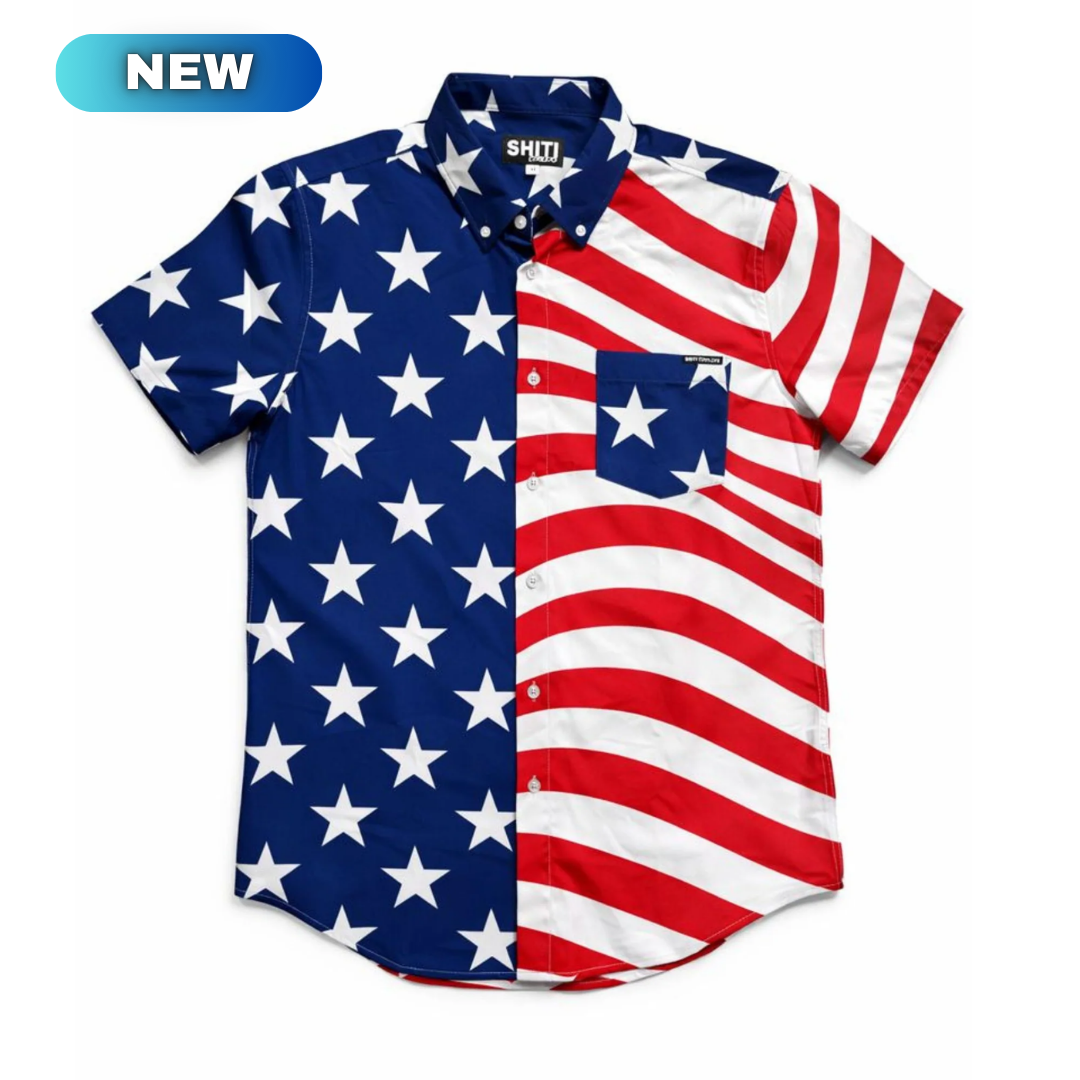 Customizable party shirt featuring a bold design with red and white stripes and blue stars, perfect for festive occasions.