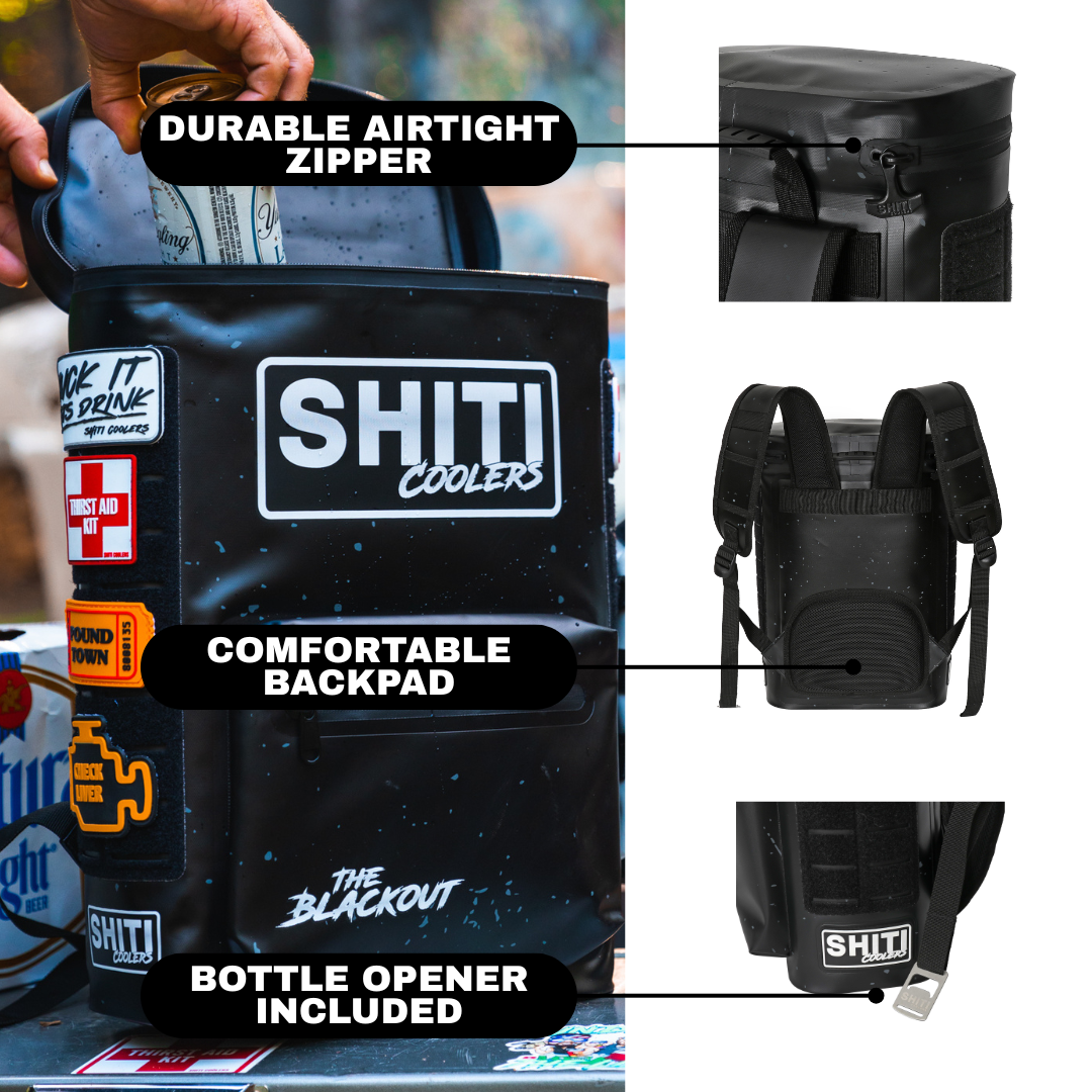 Blackout Backpack Cooler features a durable airtight zipper, comfortable straps, and includes a bottle opener for easy transport.