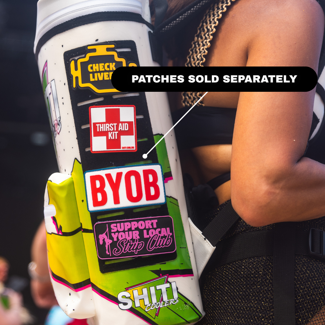 Boozer Backpack Cooler designed to hold 15 cans, featuring fun patches and a stylish, portable design for parties.