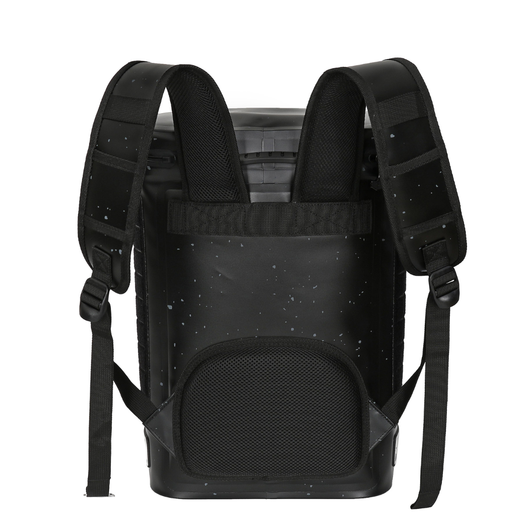 Blackout backpack cooler designed to hold 15 cans, featuring adjustable straps and a sleek black design with a speckled pattern.