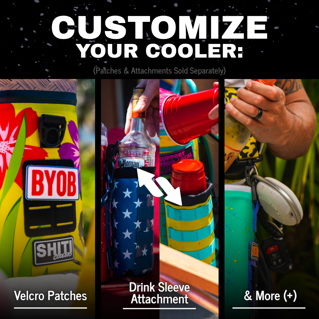 Customizable Patriot Backpack Cooler with drink sleeve attachment and Velcro patches for personalized party fun.
