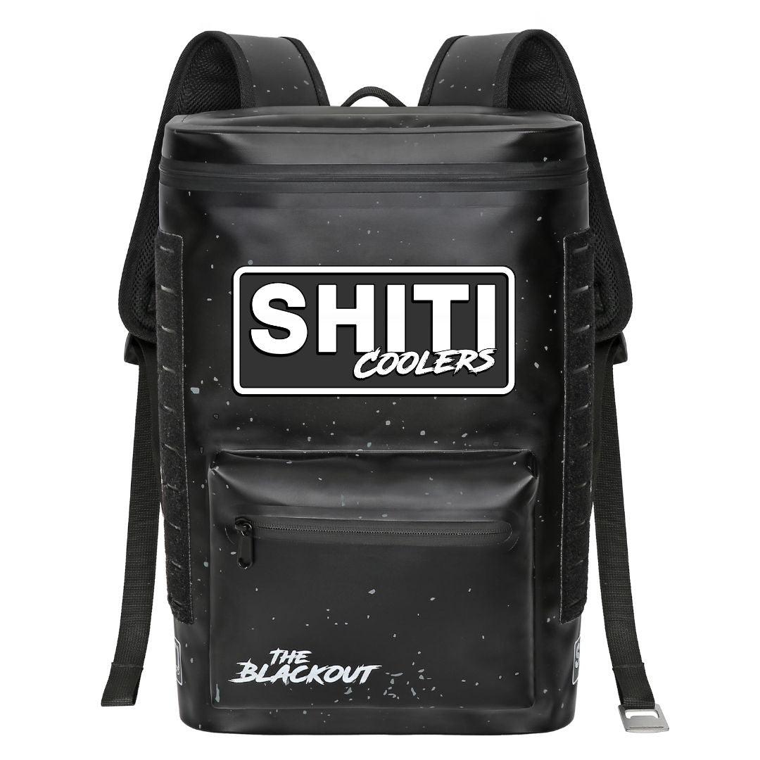 Blackout Backpack Cooler with SHITI Coolers logo, designed to hold 15 cans, featuring a sleek black exterior.