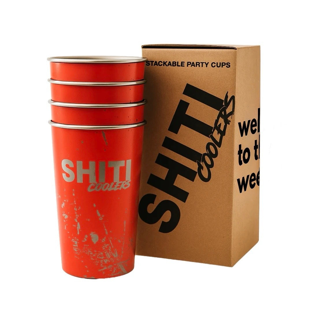 Stackable party cups in vibrant red with a silver rim, packaged in a branded box for easy storage and transport.