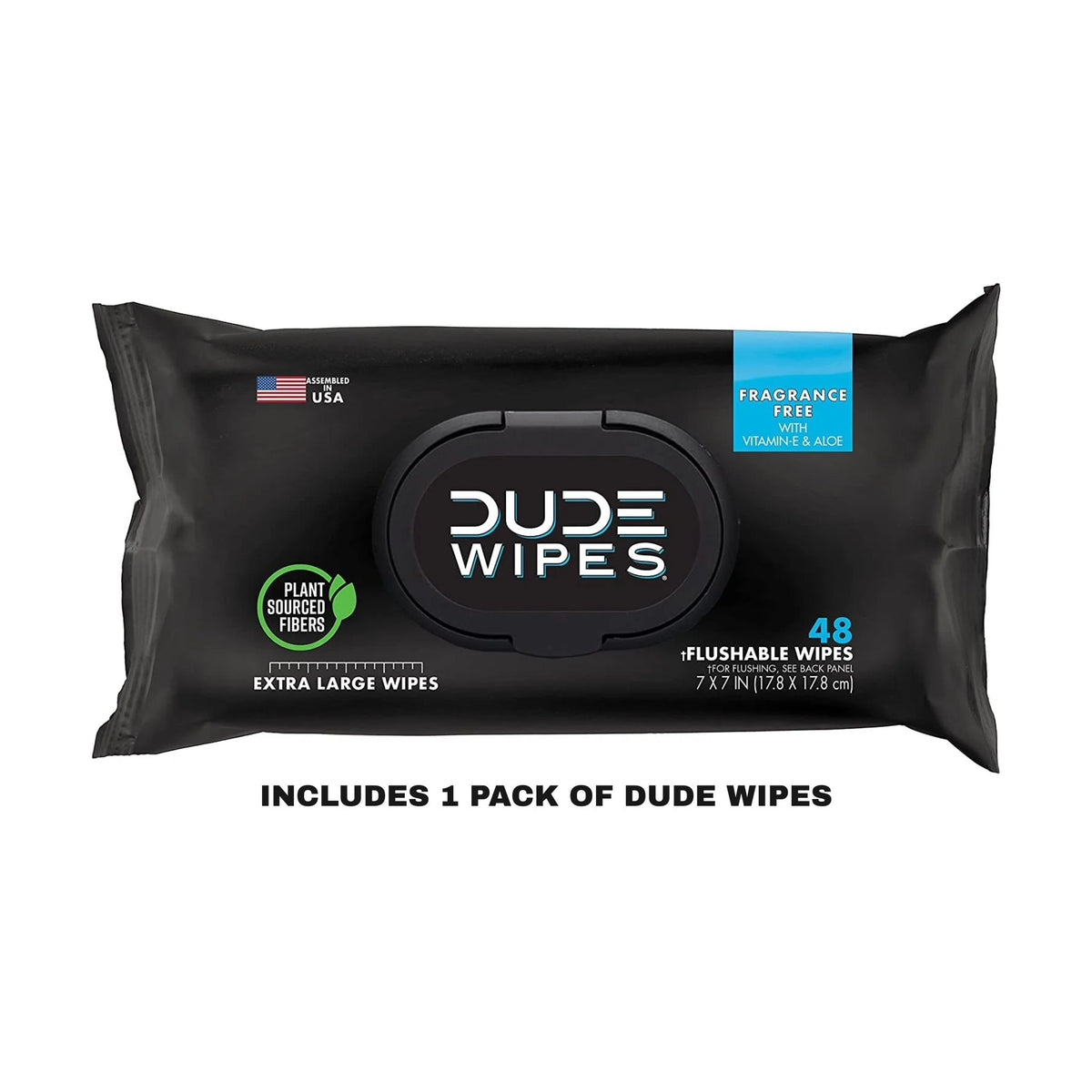 DUDE Wipe attachment with a pack of 48 extra-large flushable wipes, fragrance-free and made from plant-sourced fibers.