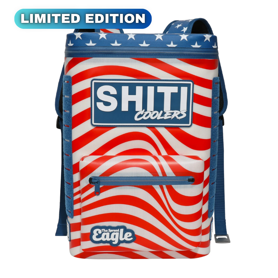 Limited edition Spread Eagle Backpack Cooler with a vibrant red and blue design, holds 15 cans for easy transport.