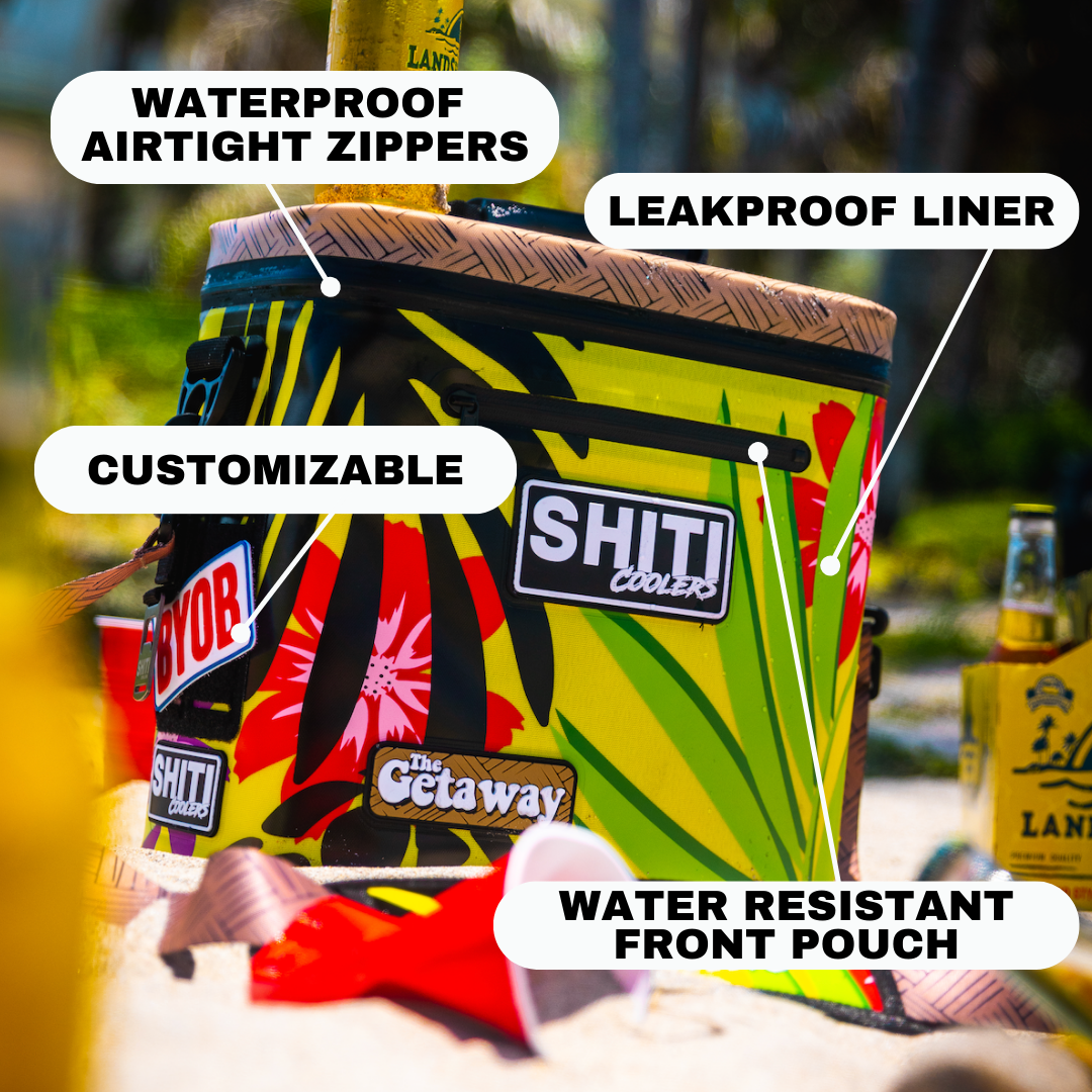 Vibrant Getaway Soft Cooler with tropical design, featuring waterproof zippers, leakproof liner, and customizable options.