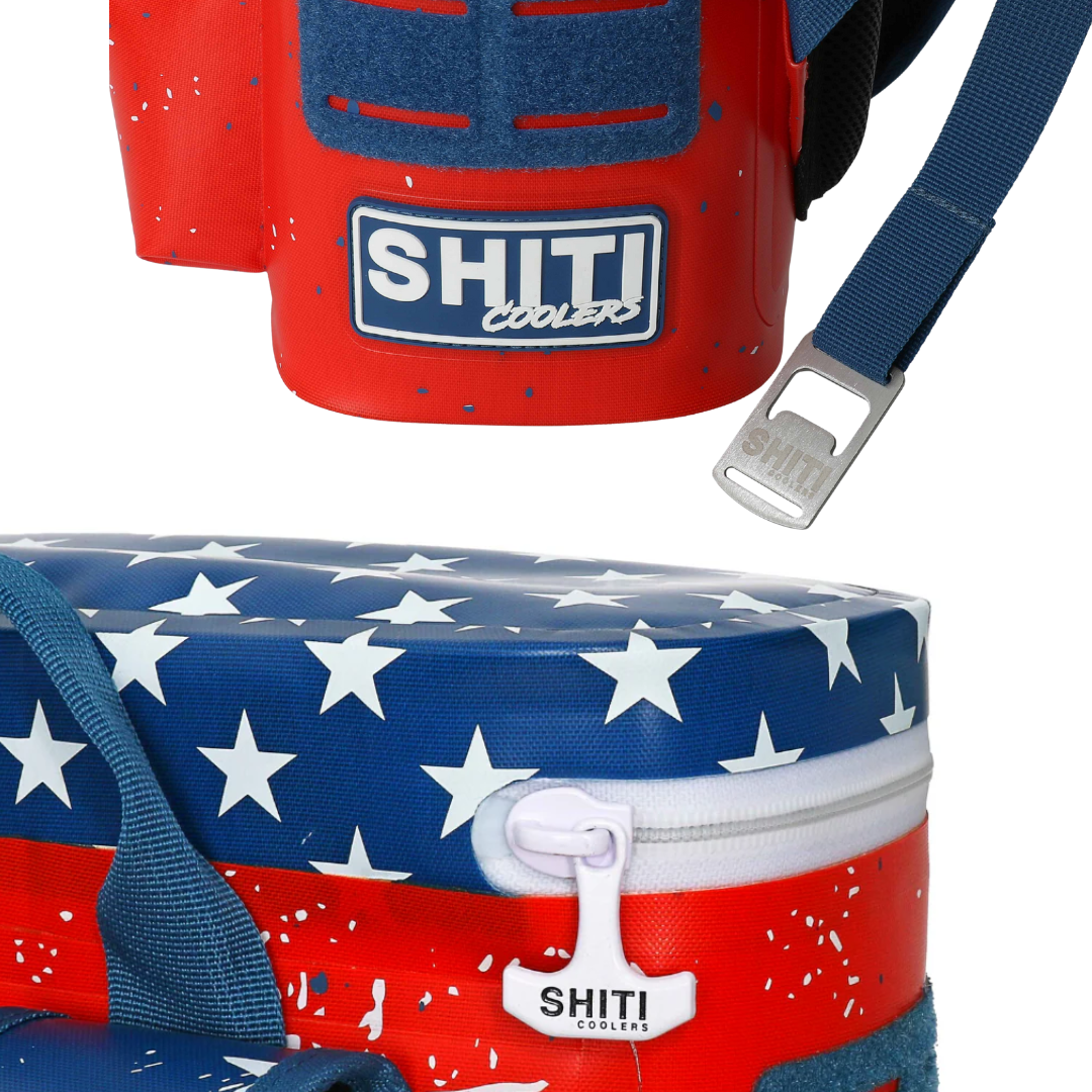 Patriot Backpack Cooler in red and blue with star design, holds 15 cans, ideal for outdoor parties and events.