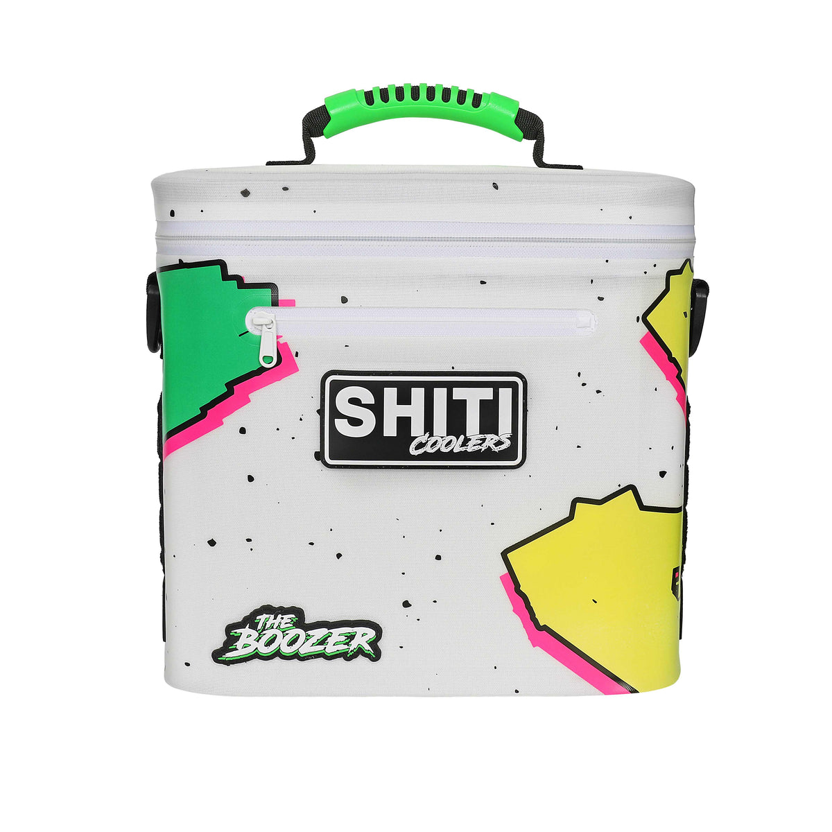 Boozer Soft Cooler in white with colorful geometric designs, featuring a sturdy handle and front zipper for easy access.