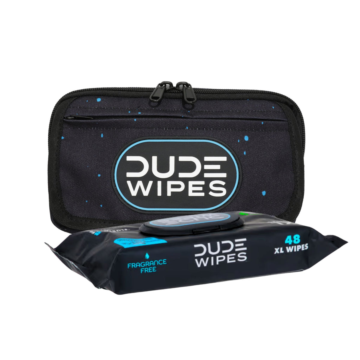 DUDE Wipes x SHITI Bundle featuring a zippered pouch and a pack of 48 fragrance-free XL wipes for on-the-go freshness.