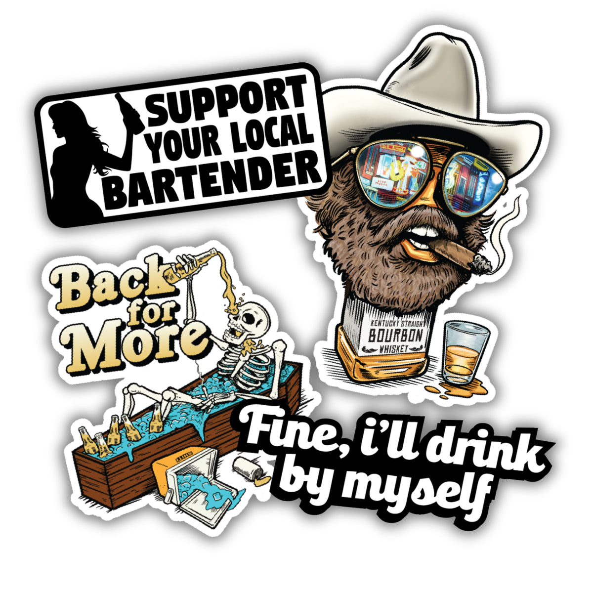 A sticker pack featuring humorous designs: a cowboy with sunglasses, a skeleton, and text promoting local bartenders and solo drinking.