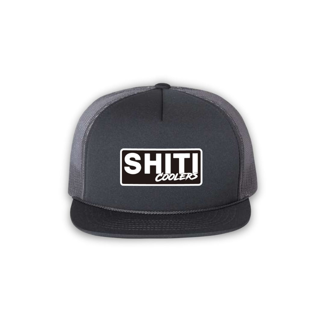 Grey foam flat bill hat featuring a prominent SHITI Coolers logo on the front. Ideal for casual wear and outdoor activities.