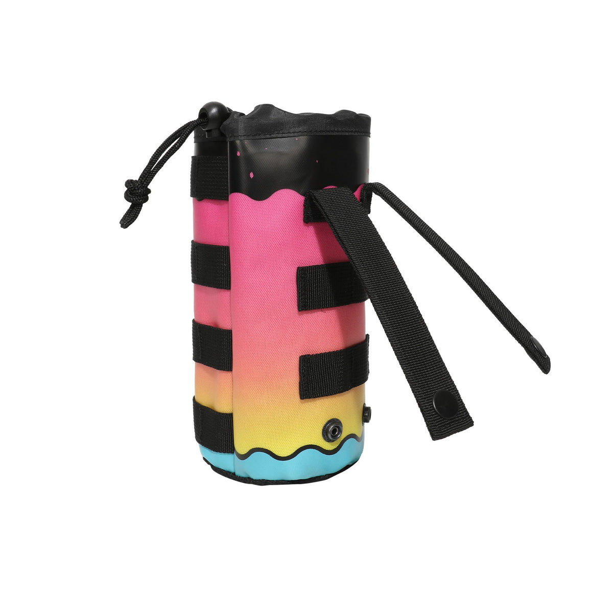 Colorful drink sleeve attachment featuring a gradient design, adjustable straps, and a secure closure for easy carrying.