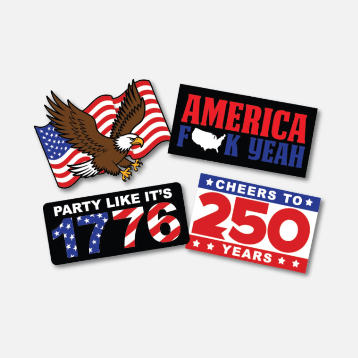 Set of four Velcro patches featuring patriotic designs, including an eagle, American flags, and celebratory text.