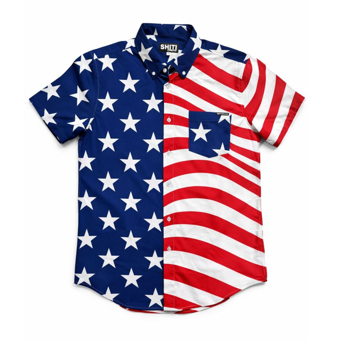 Colorful party shirt featuring a design split between stars and stripes in red, white, and blue.