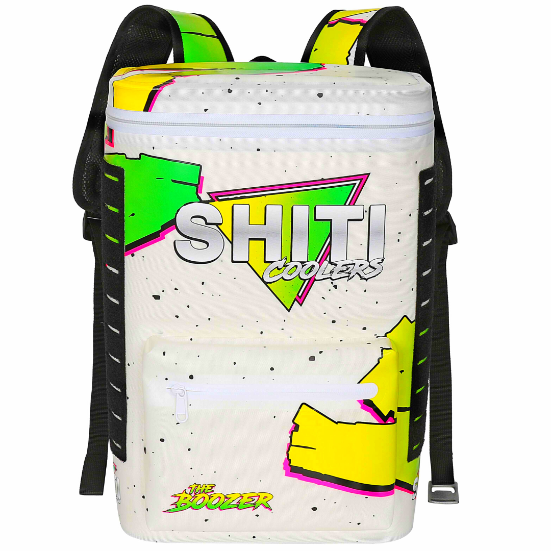 Boozer Backpack Cooler in vibrant colors, designed to hold 15 cans, featuring adjustable straps and a front pocket.