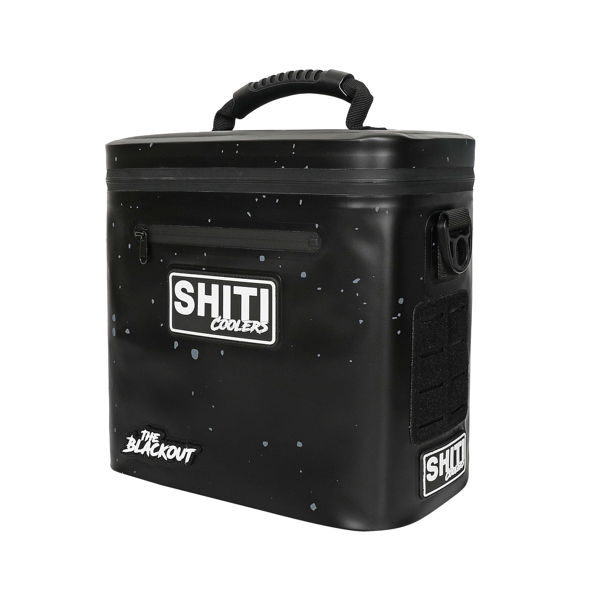 Blackout Soft Cooler in black with a speckled design, featuring a sturdy handle and front zip pocket for easy access.