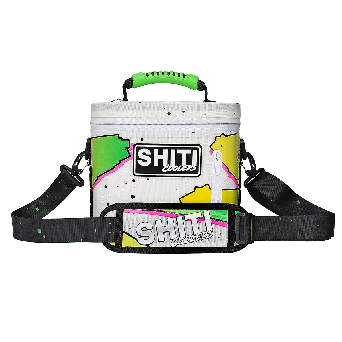 Colorful Boozer Soft Cooler designed to hold 6 cans, featuring a sturdy handle and adjustable shoulder strap for easy transport.