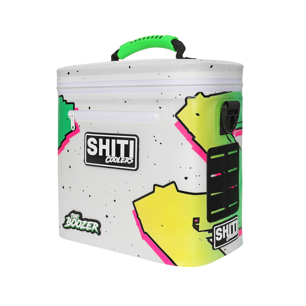 Boozer Soft Cooler in vibrant design, holds 12 cans, featuring a sturdy handle and side pocket for accessories.