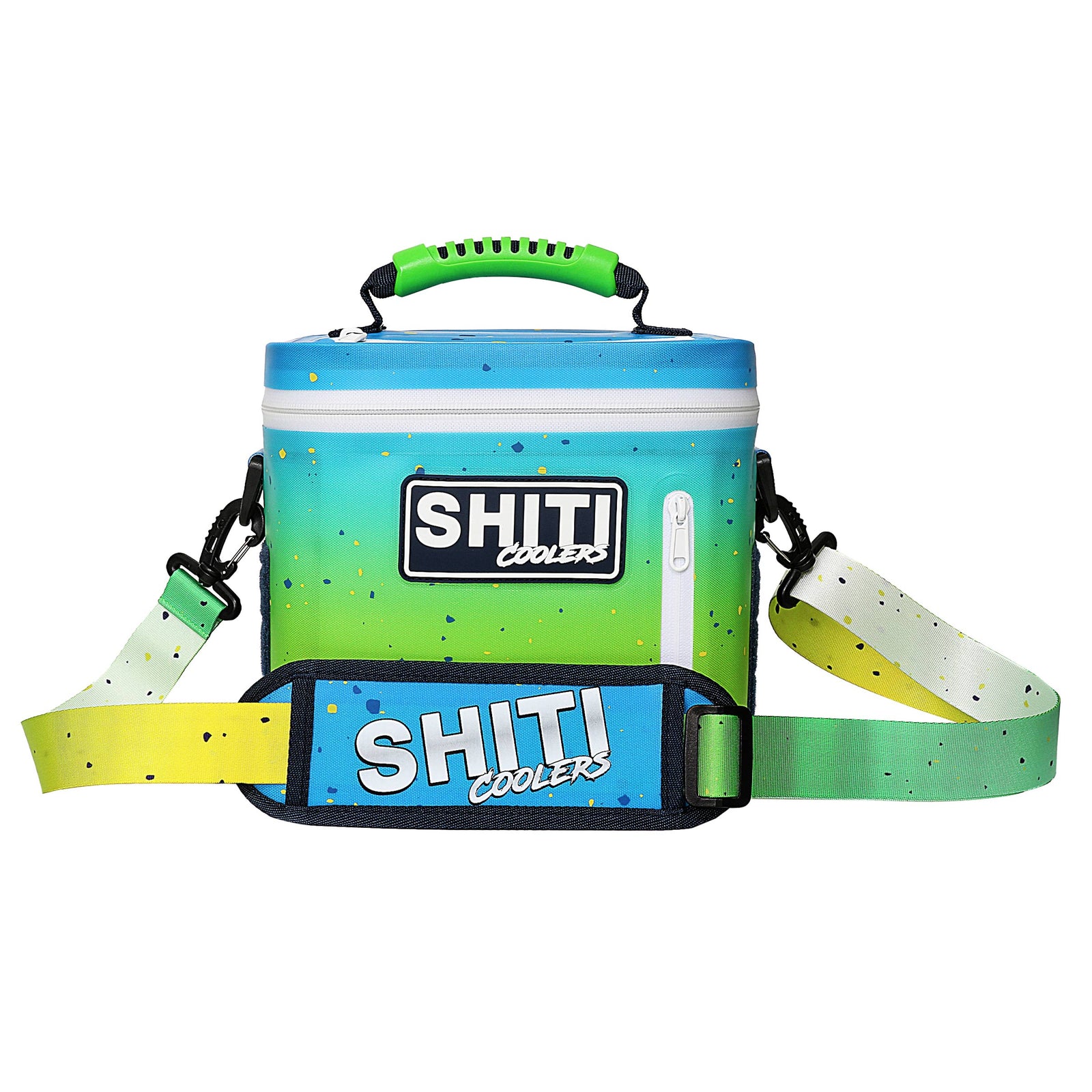 Aquaholic Soft Cooler in gradient blue and green, designed to hold 6 cans, featuring a sturdy handle and adjustable strap.
