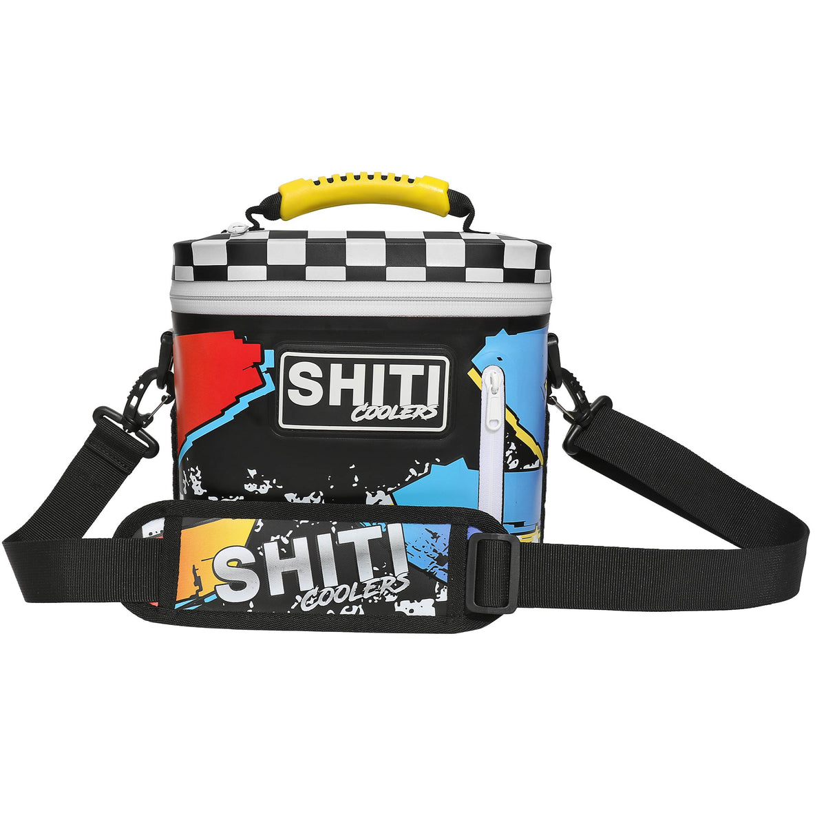 Colorful Fueler Soft Cooler by SHITI Coolers, designed to hold 6 cans, featuring a durable strap and vibrant graphics.