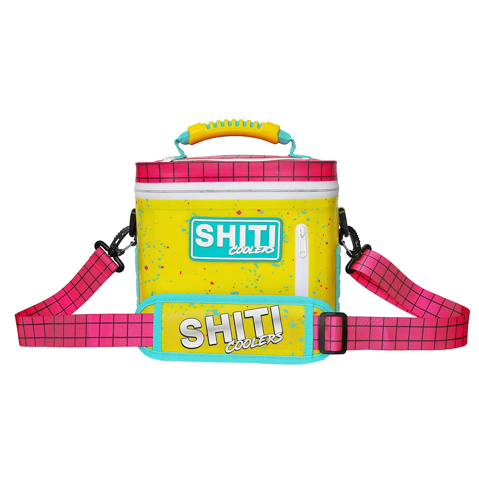 Vibrant yellow soft cooler with pink accents, designed to hold six cans, featuring a shoulder strap and bold branding.