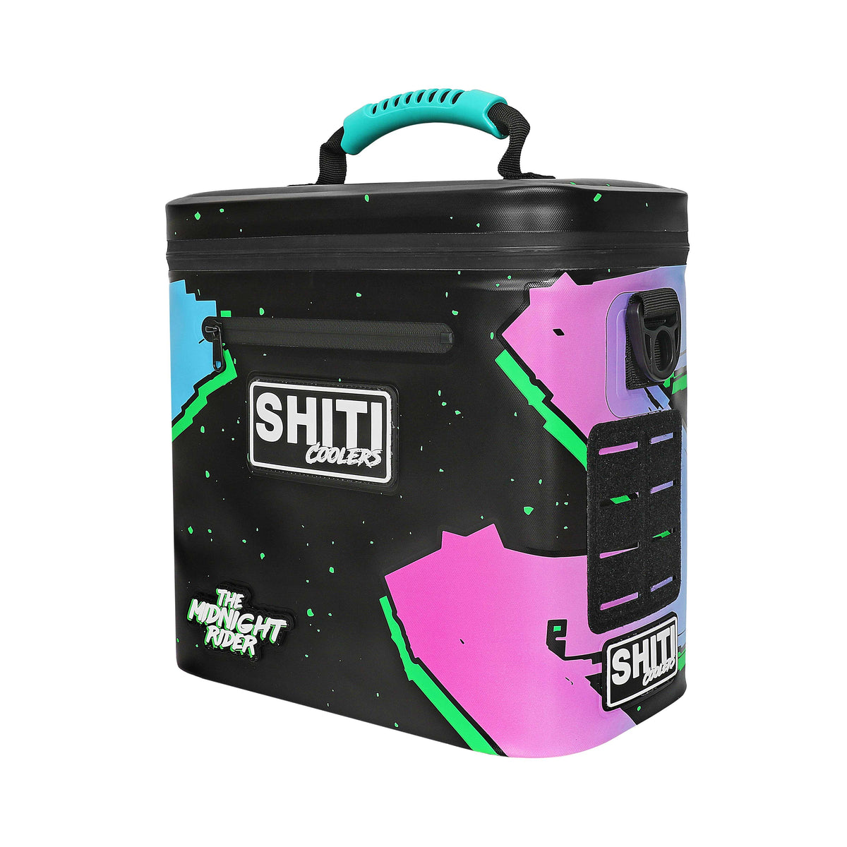 Midnight Rider Soft Cooler in black with vibrant pink and blue accents, designed to hold 12 cans, featuring a sturdy handle.