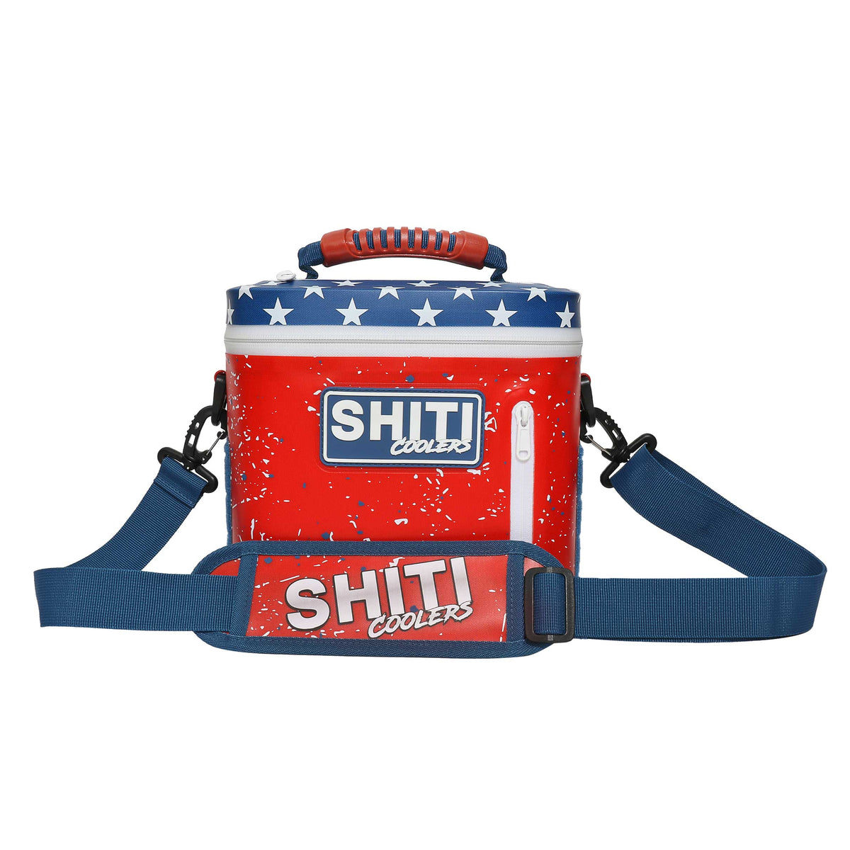 Red and blue Patriot Soft Cooler with star pattern, designed to hold six cans, featuring a sturdy shoulder strap.
