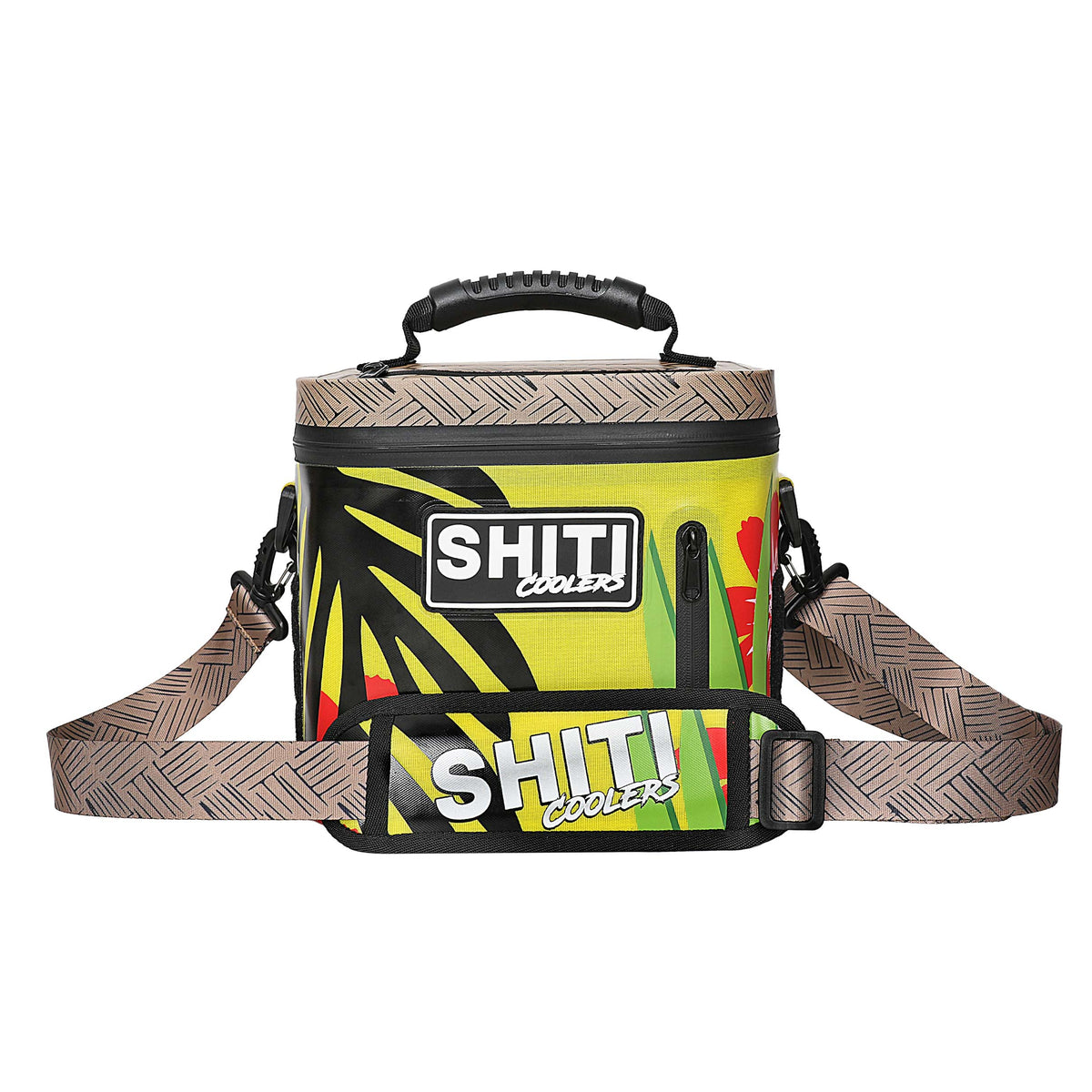 Vibrant soft cooler designed to hold six cans, featuring a tropical print and adjustable shoulder strap for easy transport.
