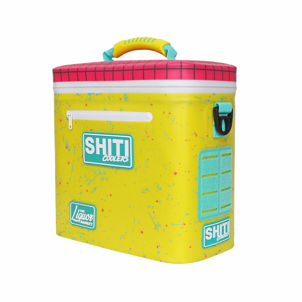 Vibrant yellow soft cooler with pink lid, designed to hold 12 cans, featuring a sturdy handle and side pocket.