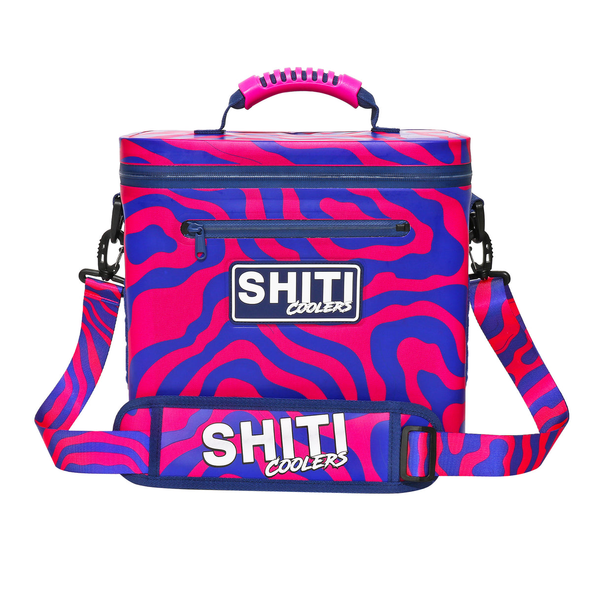 Vibrant pink and blue Daytripper Soft Cooler with a 12-can capacity, featuring a sturdy handle and adjustable strap.