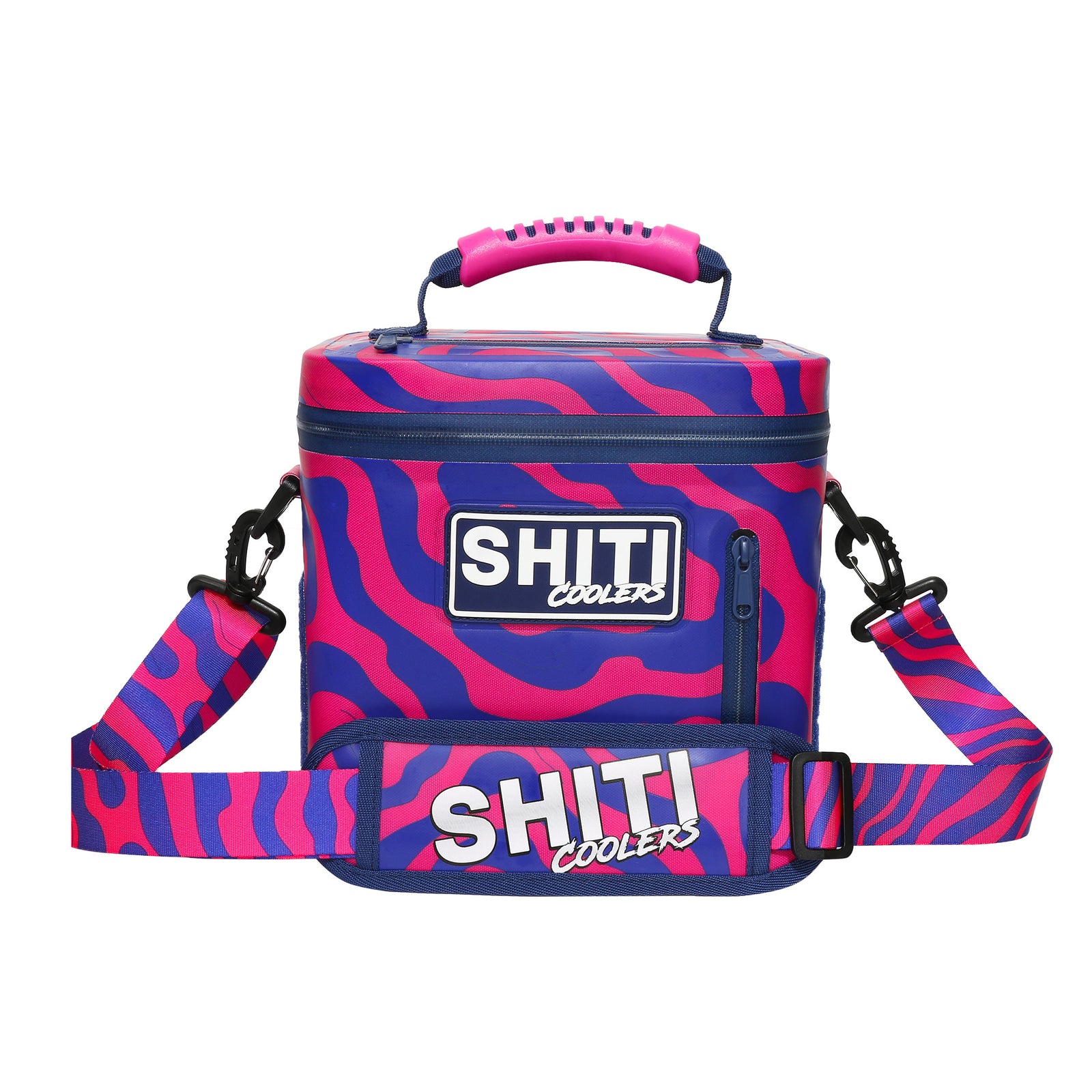 Vibrant Daytripper Soft Cooler in pink and blue zebra pattern, designed to hold 6 cans, featuring a sturdy handle and adjustable strap.