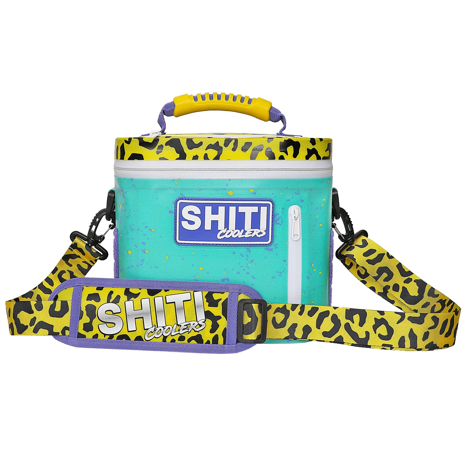 Vibrant teal soft cooler with leopard print strap, holds six cans, featuring a sturdy handle and zippered pocket.