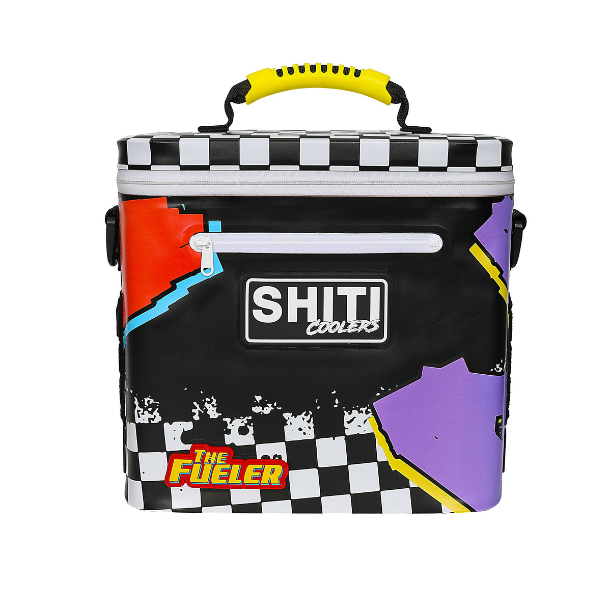 Soft cooler designed to hold 12 cans, featuring a colorful checkered pattern and bold branding from SHITI Coolers.