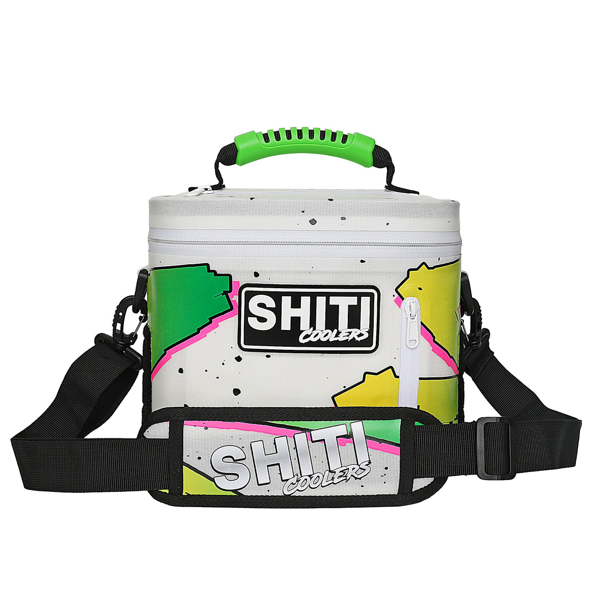 Boozer Soft Cooler in vibrant design, holds 6 cans, features a sturdy handle and adjustable shoulder strap for easy transport.