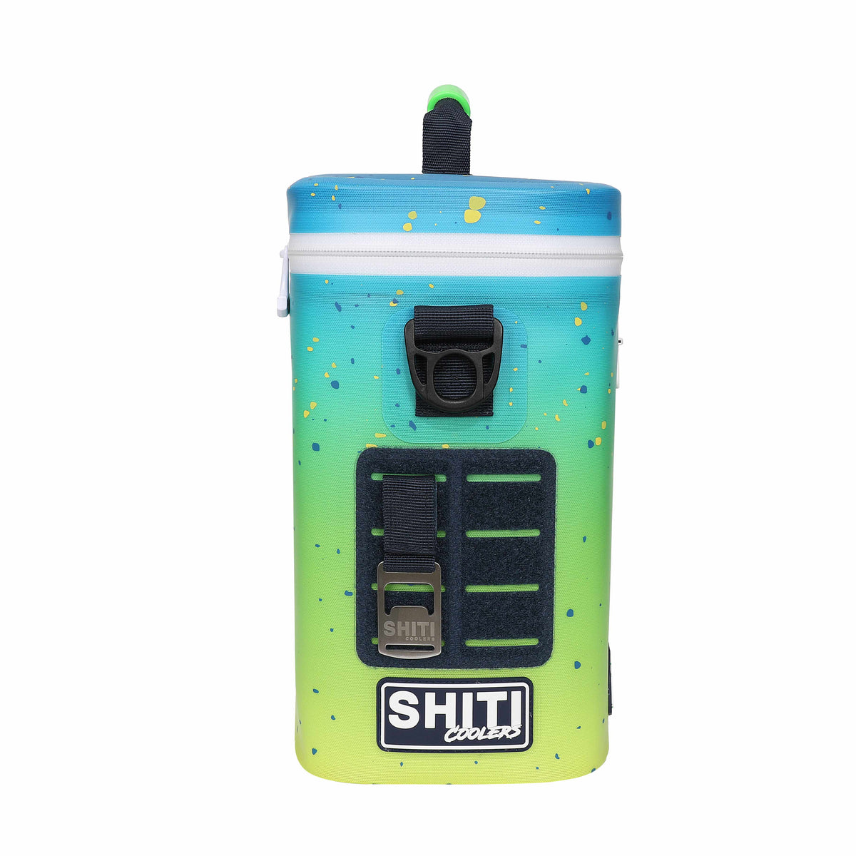 Aquaholic Soft Cooler in vibrant blue and green gradient, designed to hold 12 cans, featuring a secure zipper and adjustable strap.